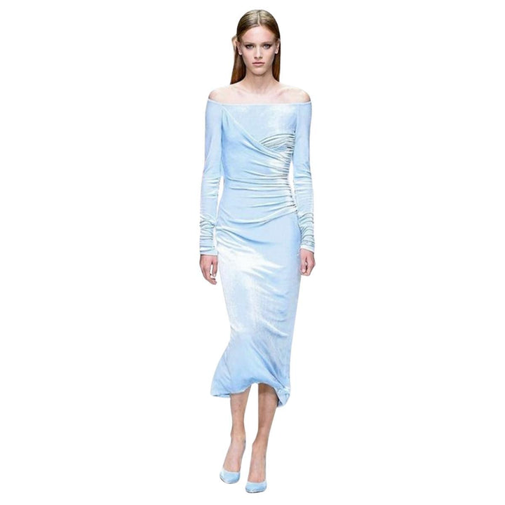 Blue Velvet Ruched Off Shoulder Midi Dress