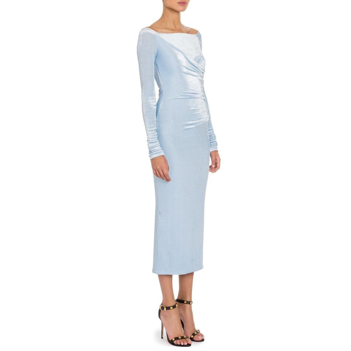 Blue Velvet Ruched Off Shoulder Midi Dress