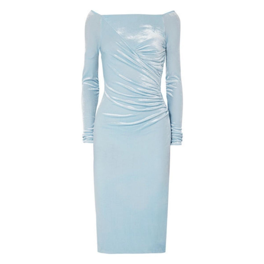 Versace-Blue Velvet Ruched Off Shoulder Midi Dress - Runway Catalog