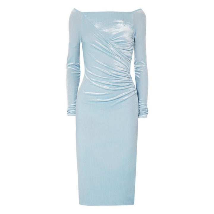 Versace-Blue Velvet Ruched Off Shoulder Midi Dress - Runway Catalog