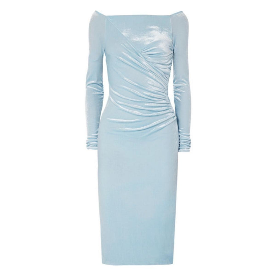 Versace-Blue Velvet Ruched Off Shoulder Midi Dress - Runway Catalog