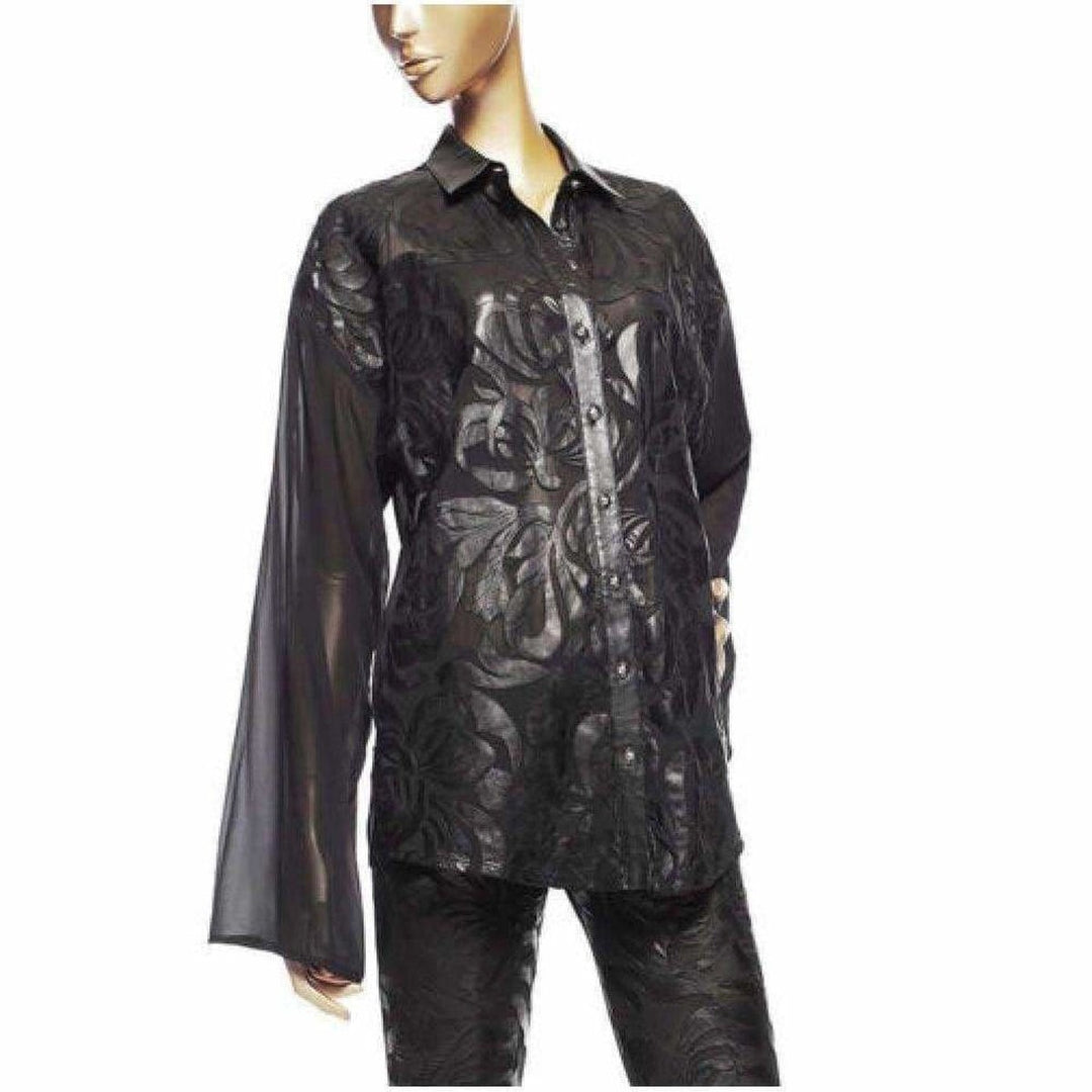 Versace-Silk Cut Out Leather Applique Shirt - Runway Catalog