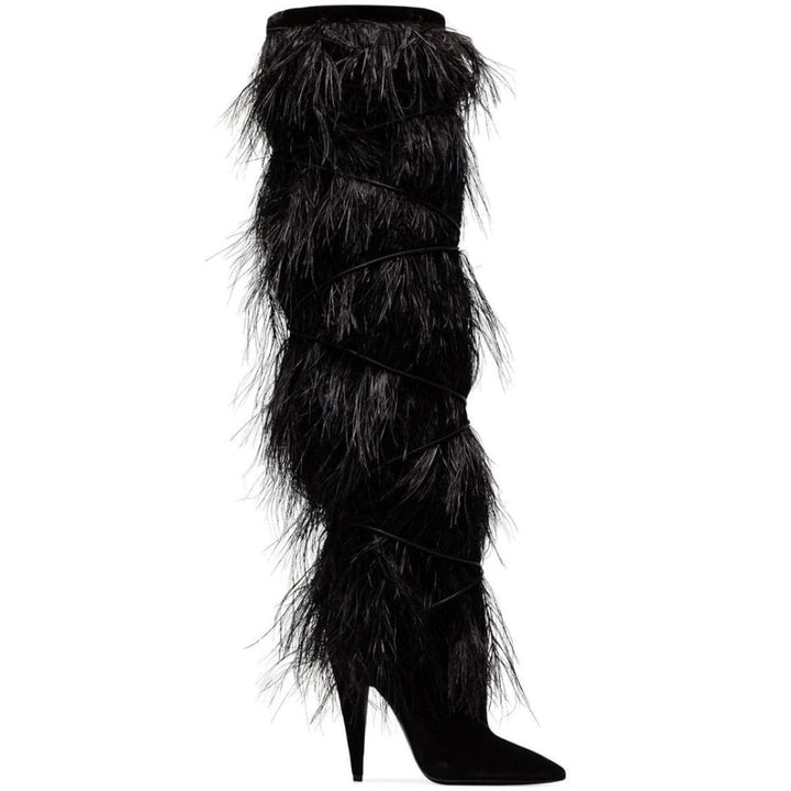 Yves Saint Laurent-Black Yeti 110 Ostrich Feather Over-the-knee Boots - Runway Catalog