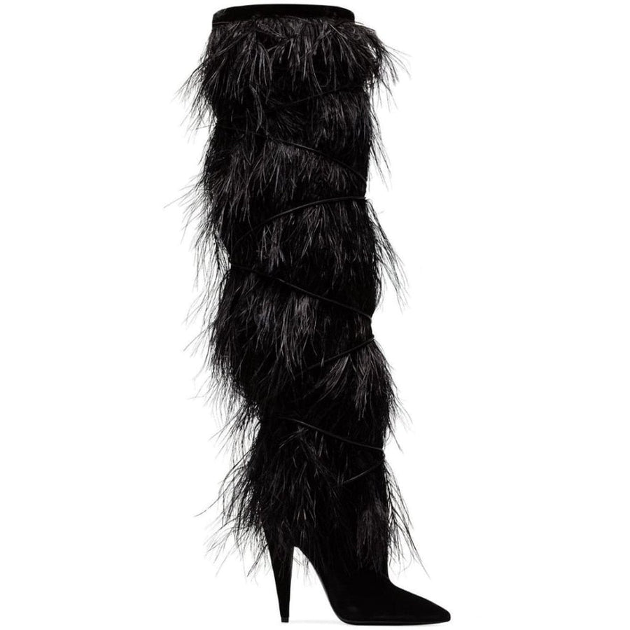 Yves Saint Laurent-Black Yeti 110 Ostrich Feather Over-the-knee Boots - Runway Catalog