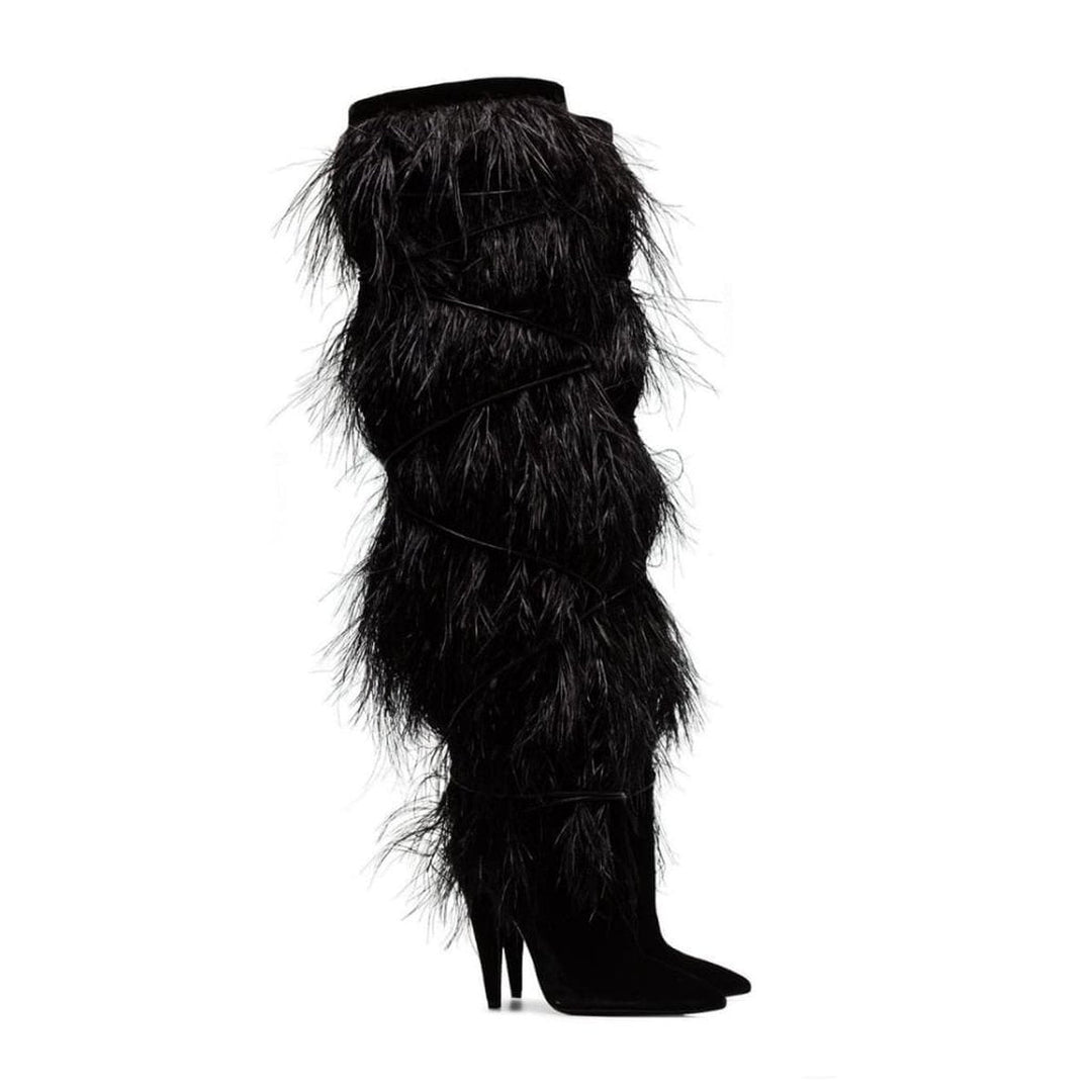 Black Yeti 110 Ostrich Feather Over-the-knee Boots