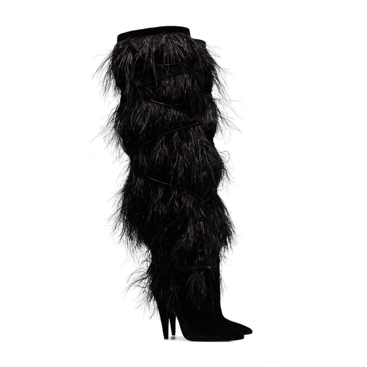 Black Yeti 110 Ostrich Feather Over-the-knee Boots