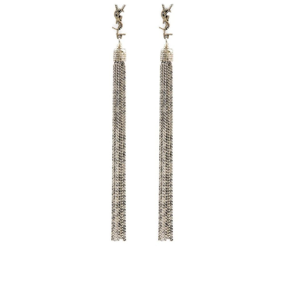 YSL Monogram Chain Drop Earrings in Silver