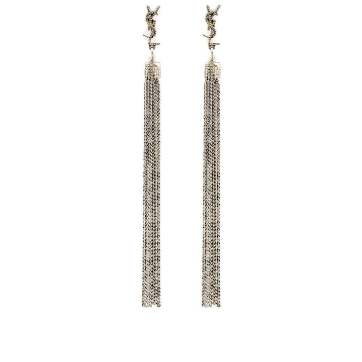 YSL Monogram Chain Drop Earrings in Silver