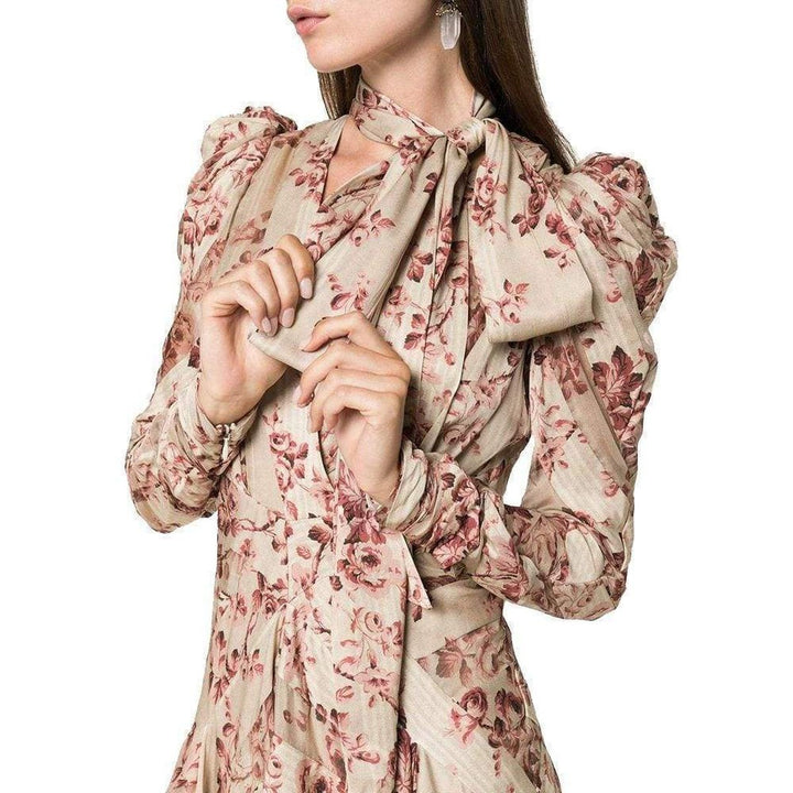 Floral Printed and Neck Tie Silk-blend Dress