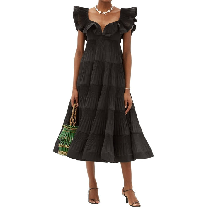 Ruffle Detail Flared Midi Dress