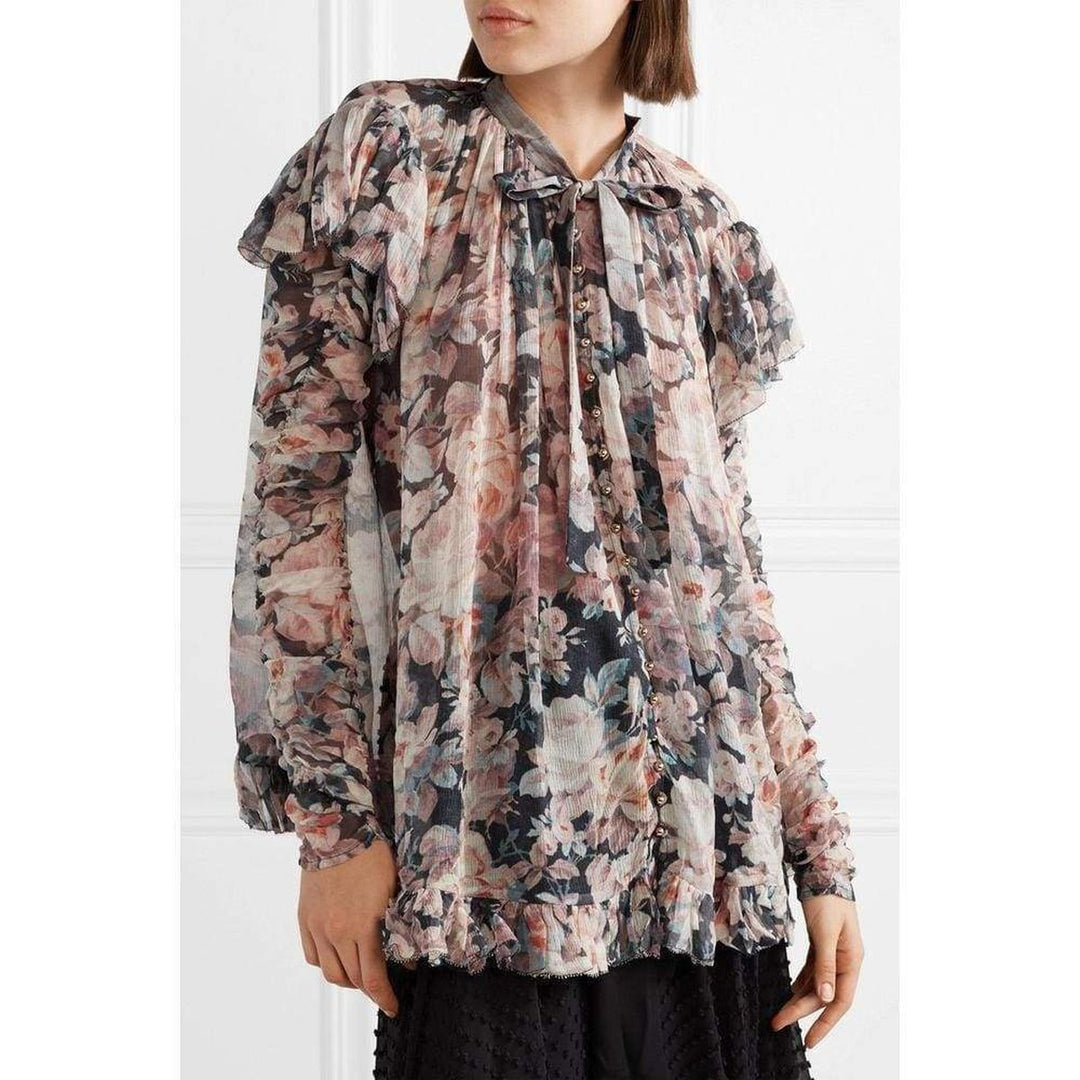 Tempest Frolic Ruffled Floral Print Silk Blouse